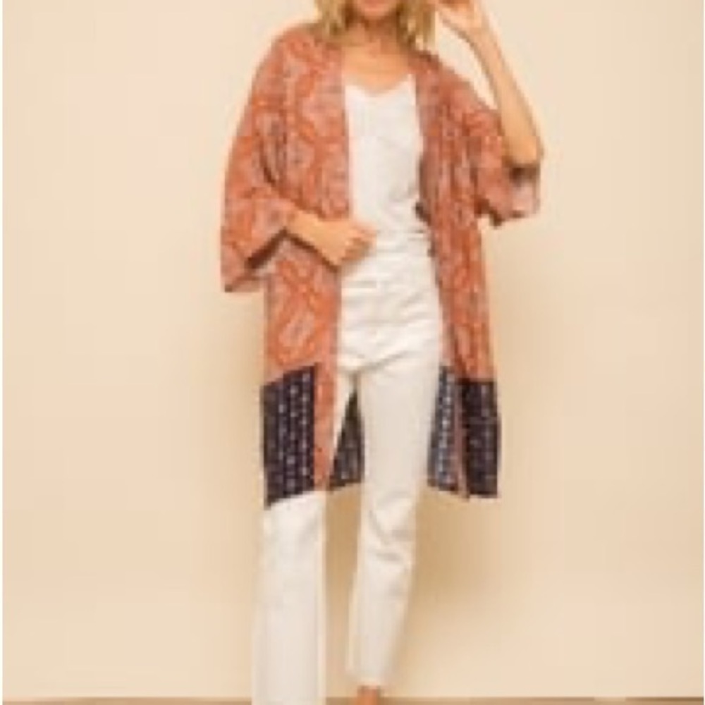 267- Hem & Thread NWOT Blue & Orange Cardigan, Size S/M, Rayon. Pit to pit 23”
